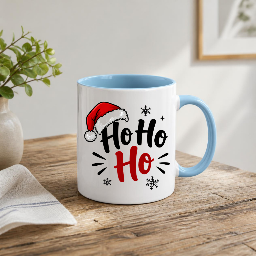 Christmas Santa Hat Mug "Ho Ho Ho" Ho Ho Ho 325ml Ceramic Coffee Mug – Festive Santa Claus Typography Slogan with Red Santa Hat, Snowflakes & Burst Lines | Winter Holiday Gift | Fast Dispatch by UK Seller (M3436)