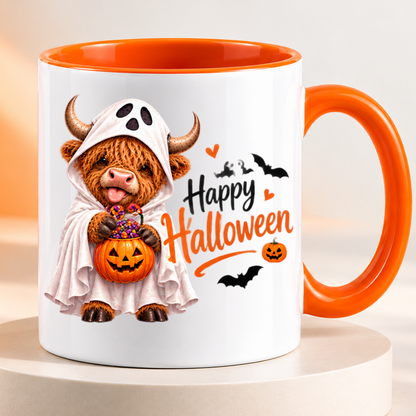Halloween Mug "Highland Cow Ghost Happy Halloween" Highland Cow Ghost Happy Halloween 325ml Ceramic Coffee Mug – Cute Halloween Autumn Tea Cup With Ghost Sheet Highland Cow Trick Or Treat Sweets Bats Graphic Gift | Fast Dispatch by UK Seller (M3217)