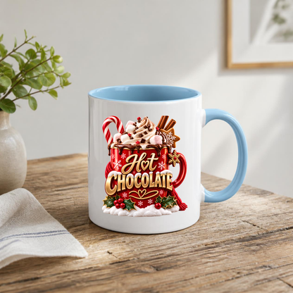 Christmas Mug "Hot Chocolate" Hot Chocolate 325ml Ceramic Coffee Mug – Festive Red Mug with Marshmallows, Candy Cane, Cinnamon & Whipped Cream Art | Winter Holiday Gift | Fast Dispatch by UK Seller (M3359)