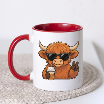 Cool Highland Cow Drinking Iced Coffee Mug - Cute Animated Farm Animal Ceramic Tea Cup with Sunglasses & Peace Sign (M1203)