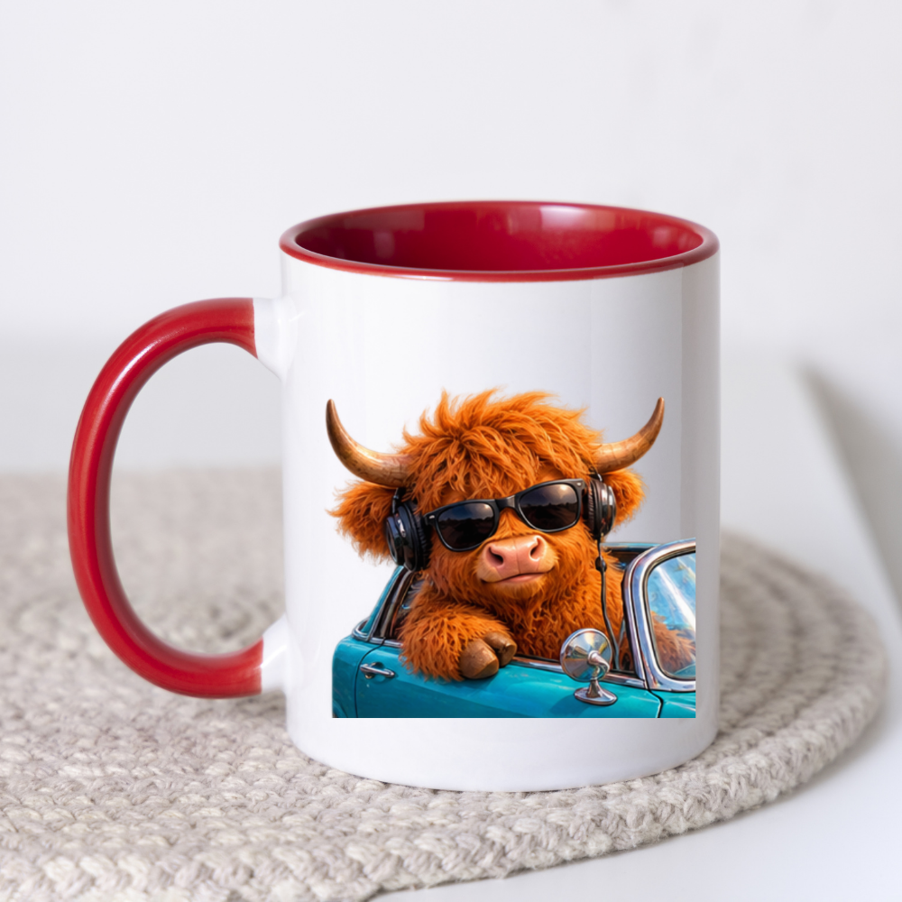Cool Highland Cow Driving Convertible Car Coffee Mug - Sunglasses & Headphones Farm Animal Ceramic Tea Cup for Drivers & Music Lovers (M1217)