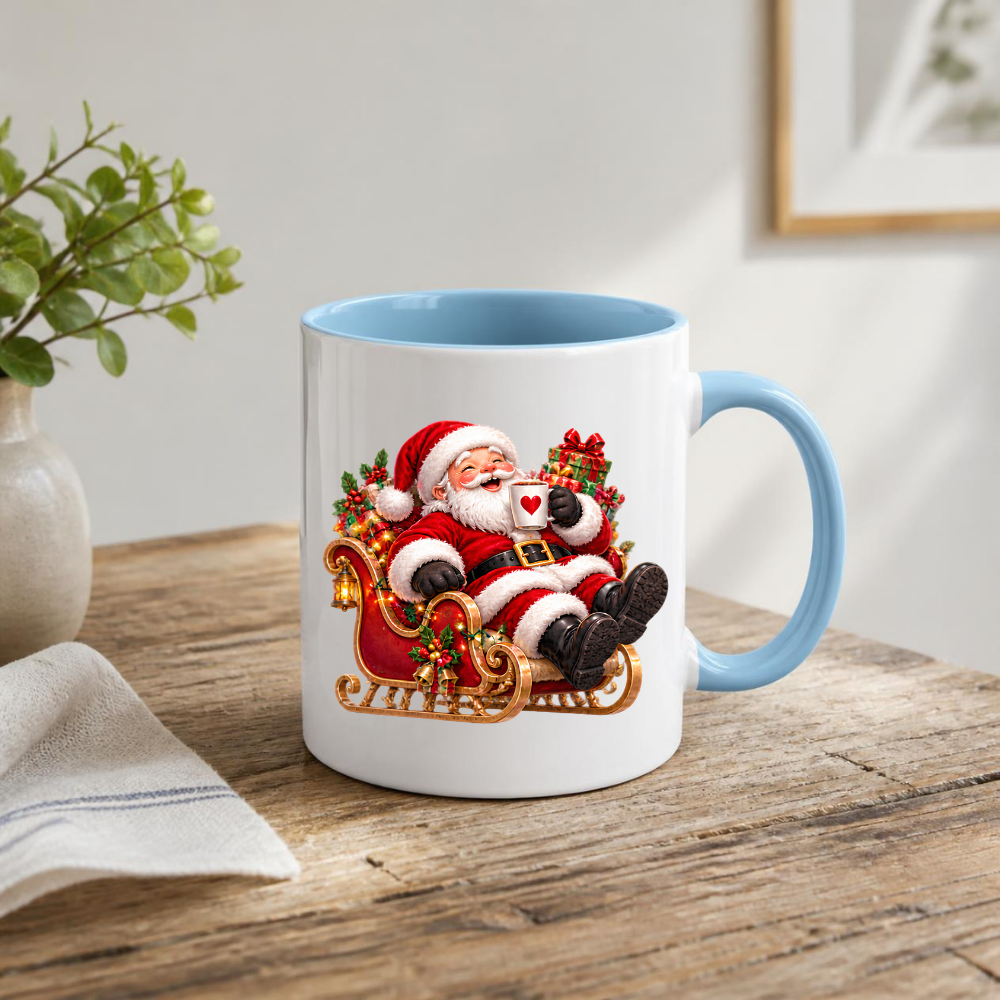 Christmas Mug "Relaxing Santa Sleigh Coffee Heart" Relaxing Santa Sleigh 325ml Ceramic Coffee Mug – Festive Christmas Tea Cup with Jolly Santa Claus In Sleigh Heart Mug Graphic Gift | Available in Multicolours | Fast Dispatch by UK Seller (M3182)