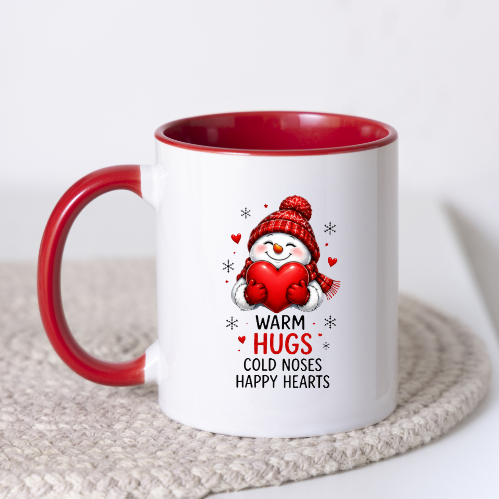 Heartwarming Mug "Warm Hugs" Snowman Ceramic Coffee Mug – Cute Winter Holiday Tea Cup with Red Heart & Scarf Gift 350ml | Available in Multicolours | Fast Dispatch by UK Seller (M1232)