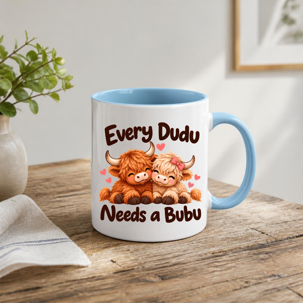 Cute Highland Cow Mug "Every Dudu Needs A Bubu" Every Dudu Needs A Bubu 325ml Ceramic Coffee Mug – Adorable Cuddling Couple Highland Cows with Pink Bow & Floating Hearts | Romantic Couple Gift | Fast Dispatch by UK Seller (M3455)