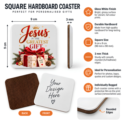 Inspirational Religious Hardboard Coaster "Jesus Is The Greatest Gift" Graphic 9cm x 9cm Square Drinks Coaster "Wrapped Present with Crown, Red Ribbon & John 3:16 Gift Tag Novelty Mat | Christian Glossy Gift | Fast Dispatch by UK Seller (C3039)