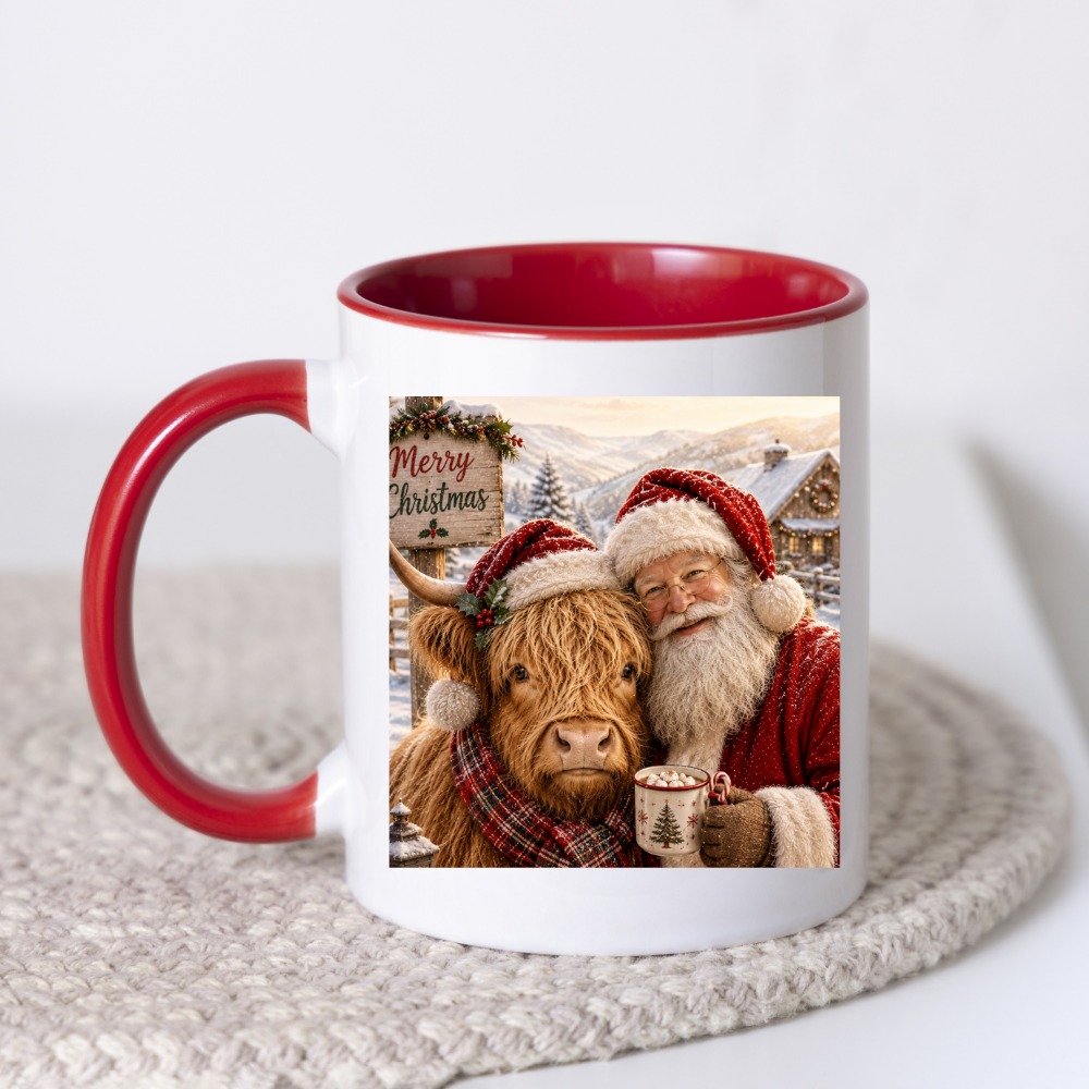 Festive Santa and Highland Cow Christmas Coffee Mug - Cozy Winter Holiday Ceramic Tea Cup with Plaid Scarf & Snow Scene Gift (M1214)