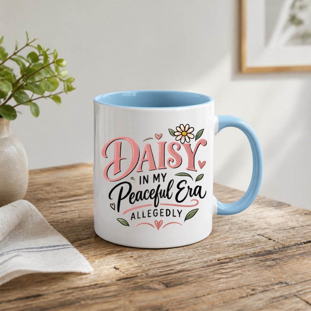 Personalized Name Mug "Daisy In My Peaceful Era Allegedly" Daisy In My Peaceful Era Allegedly 325ml Ceramic Coffee Mug – Custom Name Typography Slogan with Daisy Flower & Leaf Flourishes | Funny Gift | Fast Dispatch by UK Seller (M3424)
