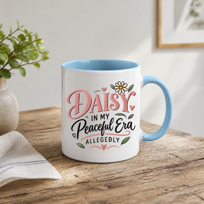 Personalized Name Mug "Daisy In My Peaceful Era Allegedly" Daisy In My Peaceful Era Allegedly 325ml Ceramic Coffee Mug – Custom Name Typography Slogan with Daisy Flower & Leaf Flourishes | Funny Gift | Fast Dispatch by UK Seller (M3424)