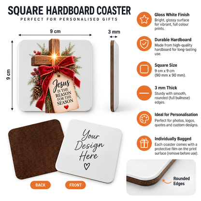 Inspirational Religious Hardboard Coaster "Jesus Is The Reason For The Season" Graphic 9cm x 9cm Square Drinks Coaster “Wooden Cross with Red Velvet Bow, Starburst & Scripture Tag Novelty Mat | Christian Glossy Gift | Fast Dispatch by UK Seller (C3045)