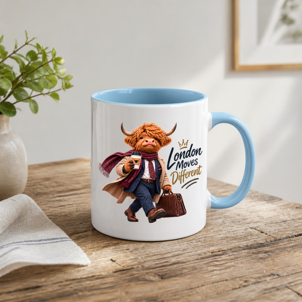 London Mug "London Moves Different Gentlemen Highland Cow" 325ml Ceramic Coffee Mug – Dapper Gentleman Highland Cow Commuter With Coffee Leather Briefcase Trench Coat Office Gift | Available in Multicolours | Fast Dispatch by UK Seller (M3283)