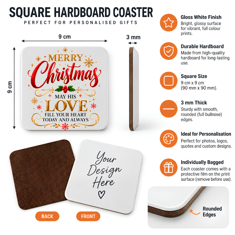 Festive Christian Christmas Coaster "Merry Christmas May His Love Fill Your Heart Today and Always" Graphic Glossy Hardboard 9x9cm Drinks Mat – Golden & Red Script Holiday Tableware Gift | Fast Dispatch by UK Seller (C3053)