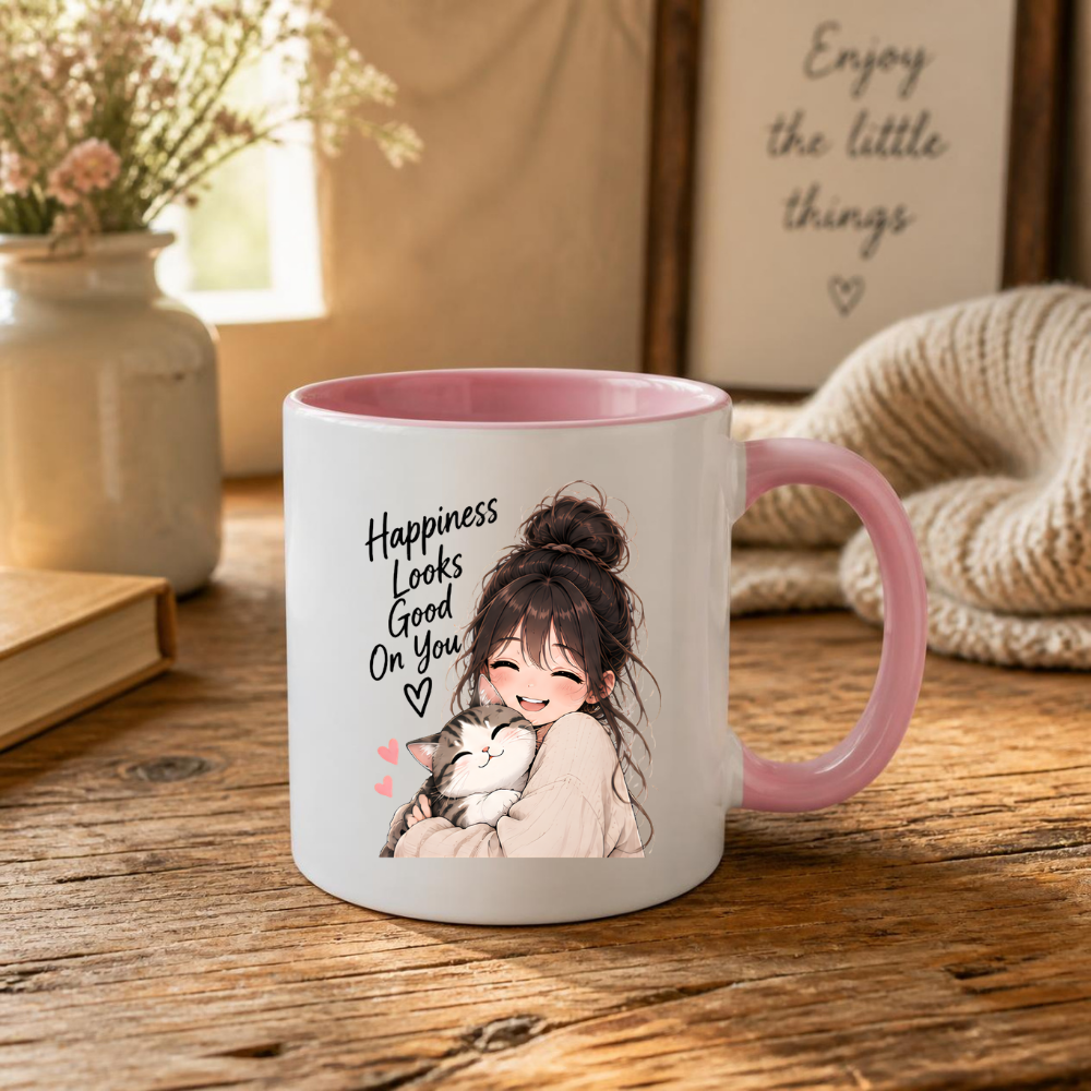Inspirational Anime Mug "Happiness Looks Good On You" Cute Anime Girl & Cat 325ml Ceramic Coffee Mug Wholesome Kitten Tea Cup with Cute Girl Hugging Cat Graphic Gift | Available in Multicolours | Fast Dispatch by UK Seller (M3024)