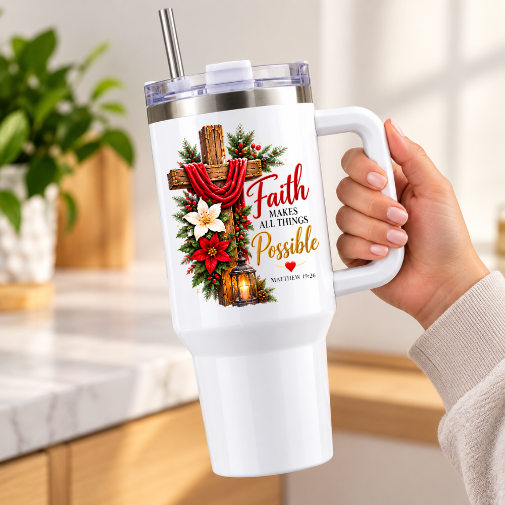 Inspirational Religious Christian Travel Tumbler "Faith Makes All Things Possible" Graphic 40oz Stainless Steel Insulated Travel Mug with Handle & Straw – Cross with Red Fabric, Poinsettia & Lantern Novelty Travel Cup | Fast Dispatch by UK Seller (T3008)