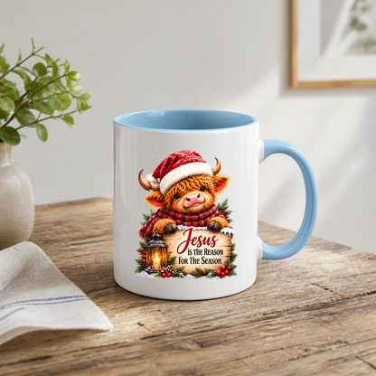 Religious Christmas Mug "Jesus Is The Reason For The Season" Highland Cow Jesus Is The Reason For The Season 325ml Ceramic Coffee Mug – Cute Highland Cow Santa Mug with Sign, Lantern & Berries | Festive Religious Gift | Fast Dispatch by UK Seller (M3351)