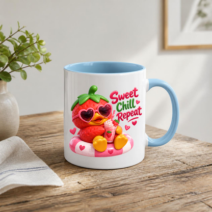 Summer Mug "Sweet Chill Repeat Strawberry Duck" 325ml Ceramic Coffee Mug – Cute Strawberry Duck in Heart Sunglasses on Pool Float With Milkshake Summer Gift For Friends Family | Available in Multicolours | Fast Dispatch by UK Seller (M3246)