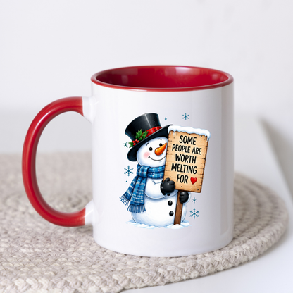 Heartwarming Mug "Some People Are Worth Melting For" Snowman Ceramic Coffee Mug – Cute Winter Holiday Tea Cup with Blue Scarf & Wooden Sign Quote Gift | Available in Multicolours | Fast Dispatch by UK Seller (M1233)