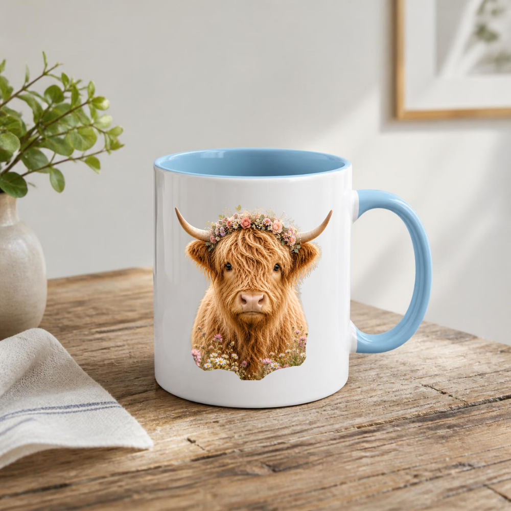 Floral Mug "Boho Highland Cow" Floral Crown Highland Cow 325ml Ceramic Coffee Mug Pretty Botanical Tea Cup with Pink Rose Flower Crown Graphic Gift | Available in Multicolours | Fast Dispatch by UK Seller (M3152)