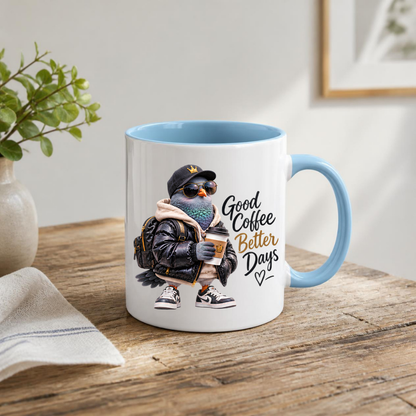 Coffee Mug "Good Coffee Better Days Cool Pigeon" 325ml Ceramic Coffee Mug – Cool Pigeon in Cap, Sunglasses, Puffer Jacket Sneakers Funny Streetwear Bird Mug Gift For Coffee Lovers Friends | Available in Multicolours | Fast Dispatch by UK Seller (M3234)