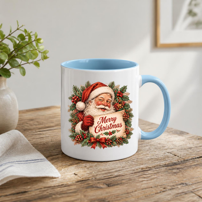 Vintage Santa Claus Christmas Scroll Mug "Merry Christmas" Vintage Santa Claus 325ml Ceramic Coffee Mug – Nostalgic Santa Claus holding Merry Christmas Scroll with Holly Wreath & Red Bow | Festive Holiday Gift | Fast Dispatch by UK Seller (M3414)