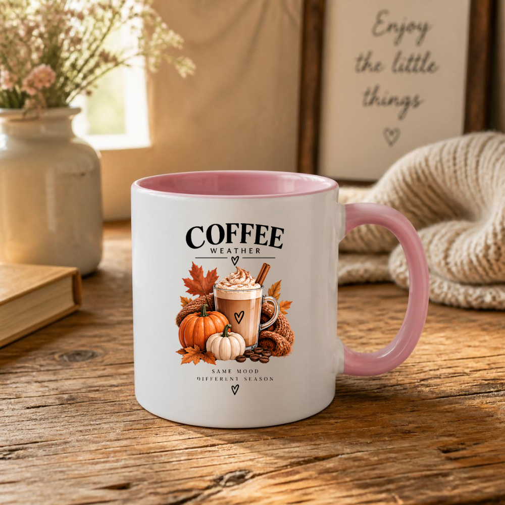 Cozy Autumn Pumpkin Spice Latte Mug "Coffee Weather: Same Mood Different Season" Graphic 325ml Ceramic Coffee Cup Autumn Drink with Whipped Cream Novelty Tea Cup | Cozy Fall Gift for Coffee Lovers | Available in Multicolours | Fast Dispatch (M3132)