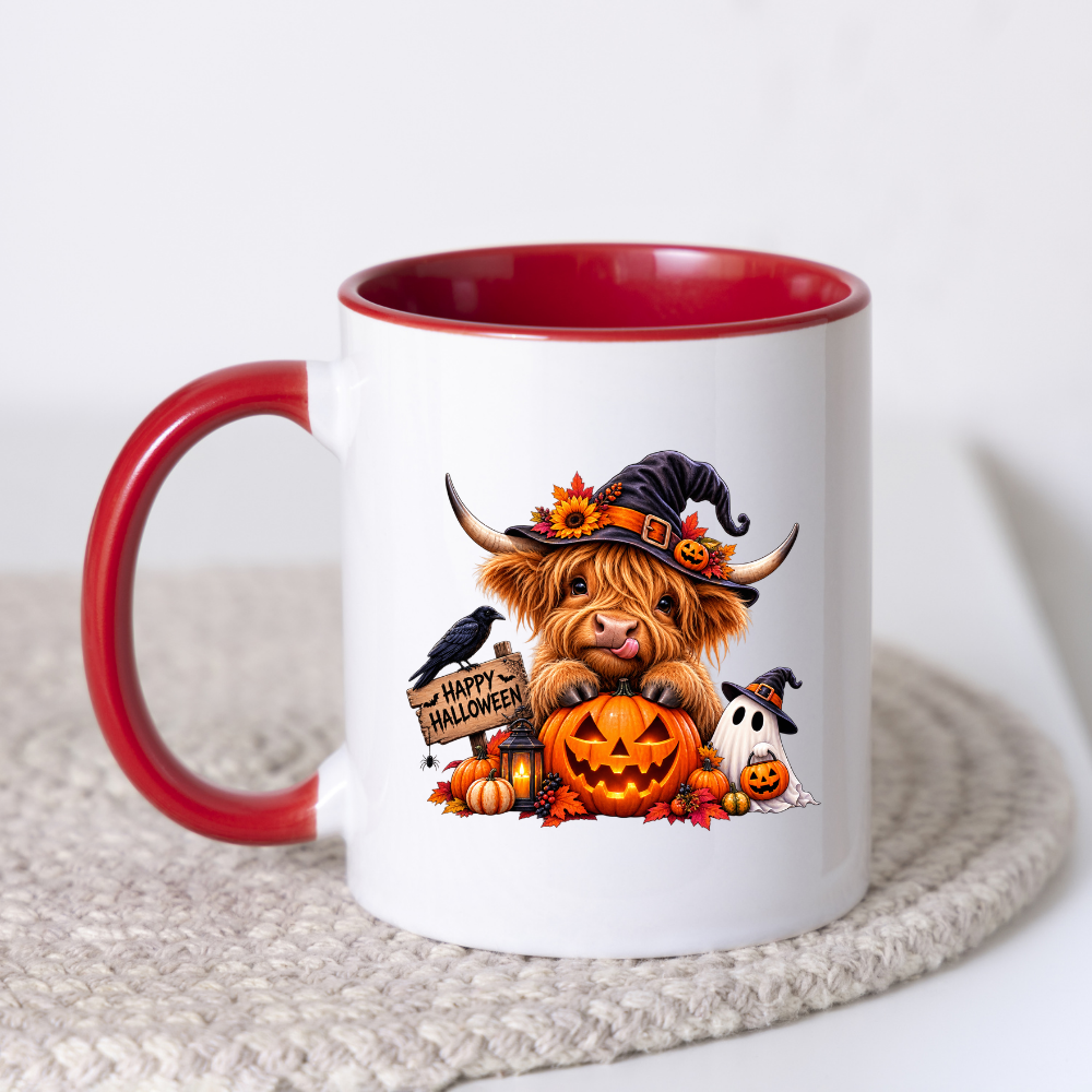 Spooky Cute Halloween Highland Cow Coffee Mug - Witch Hat & Jack-o'-Lantern Pumpkin Ceramic Tea Cup for Fall & Spooky Season Decor (M1212)