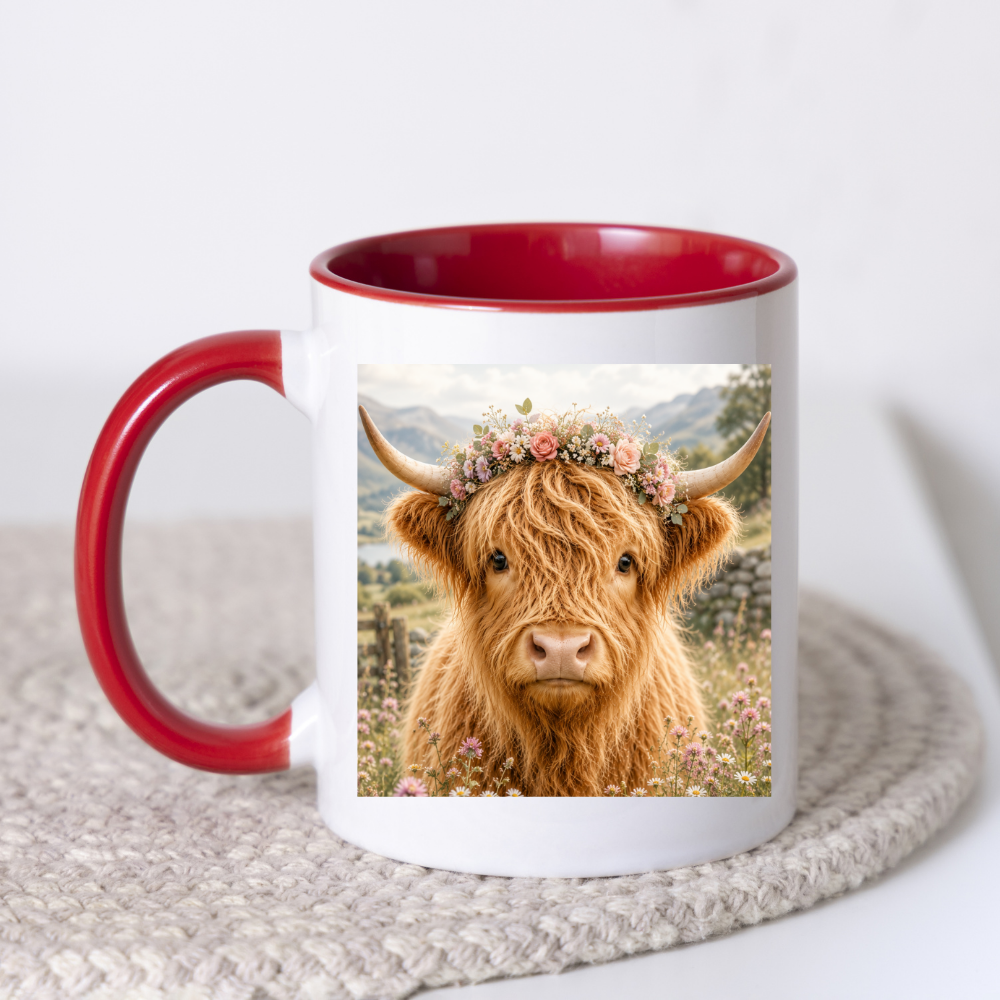 Fluffy Highland Cow Coffee Mug with Floral Crown - Cute Farmhouse Animal Ceramic Tea Cup for Rustic Kitchen Decor & Nature Lovers (M1202)