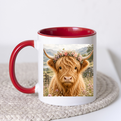 Fluffy Highland Cow Coffee Mug with Floral Crown - Cute Farmhouse Animal Ceramic Tea Cup for Rustic Kitchen Decor & Nature Lovers (M1202)