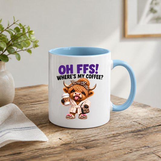 Highland Cow Coffee Mug "OH FFS! Where's My Coffee?" Oh Ffs! Where's My Coffee? 325ml Ceramic Coffee Mug – Cute Highland Cow in Bathrobe with Leopard Bow, Slippers & Coffee Cup | Funny Gift | Fast Dispatch by UK Seller (M3377)