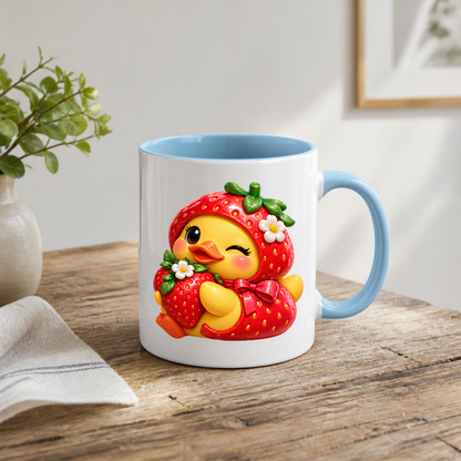 Cute Duck Mug "Winking Strawberry Duckling" Cute Winking Duckling in Strawberry Costume 325ml Ceramic Coffee Mug – Adorable Yellow Duck Hugging Fresh Strawberry Sweet Gift | Available in Multicolours | Fast Dispatch by UK Seller (M3289)