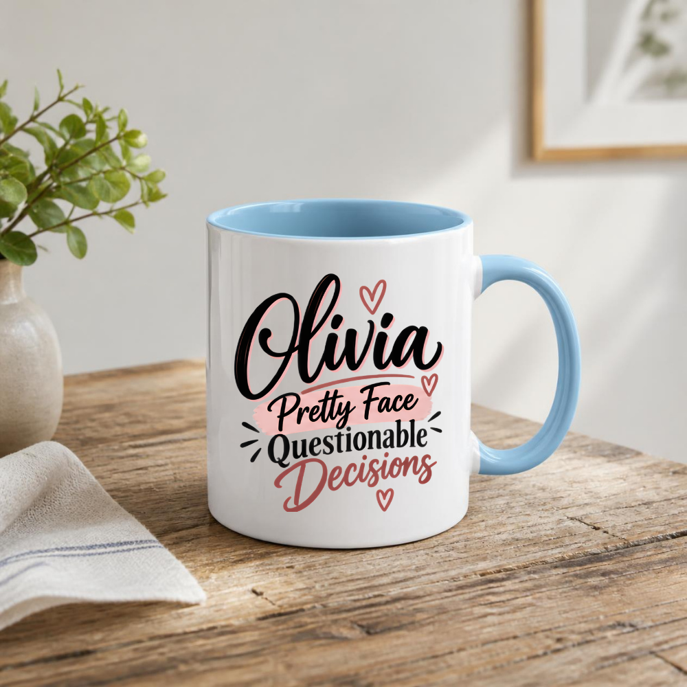 Personalized Name Mug "Olivia Pretty Face Questionable Decisions" Olivia Pretty Face Questionable Decisions 325ml Ceramic Coffee Mug – Custom Name Typography Slogan with Pink Brushstrokes & Hearts | Funny Gift | Fast Dispatch by UK Seller (M3406)