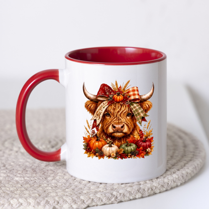 Autumn Harvest Highland Cow Coffee Mug - Fall Pumpkin & Plaid Bow Farmhouse Animal Ceramic Tea Cup for Thanksgiving & Rustic Kitchen Decor (M1207)
