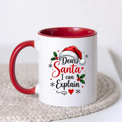 Humorous Mug "Dear Santa I can Explain" Santa Hat 325ml Ceramic Coffee Mug Funny Winter Holiday Tea Cup with Holly Berries & Slogan Gift | Available in Multicolours | Fast Dispatch by UK Seller (M1266)