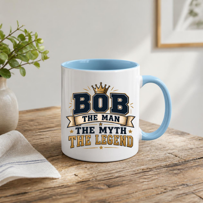 Personalized Name Mug "Bob The Man The Myth The Legend" Bob The Man The Myth The Legend 325ml Ceramic Coffee Mug – Custom Name Typography Slogan with Gold Crown, Banner & Stars | Funny Gift | Fast Dispatch by UK Seller (M3416)