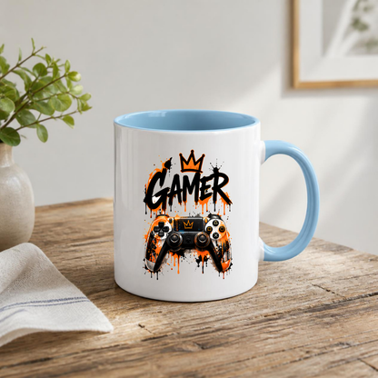 Gaming Mug "Gamer" Gamer 325ml Ceramic Coffee Mug – Gaming Controller Mug with Crown & Orange Paint Splatter Art | Video Game Gift | Fast Dispatch by UK Seller (M3343)
