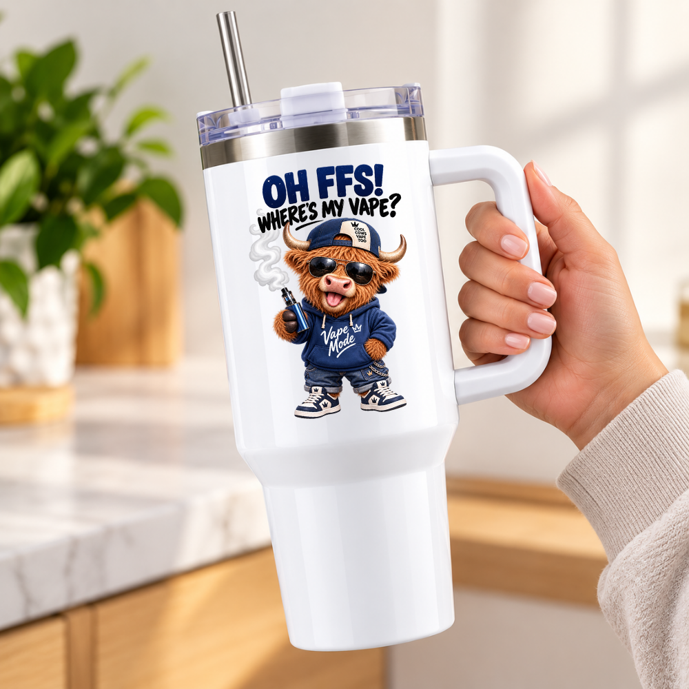 Funny Highland Cow 40oz Tumbler “OH FFS! Where’s My V?” – Boy & Girl Designs | Large White Reusable Travel Cup with Handle & Straw | Cheeky & Sarcastic Gift for Him, Her, Friends & Couples | Fast Dispatch by UK Seller (T1001)