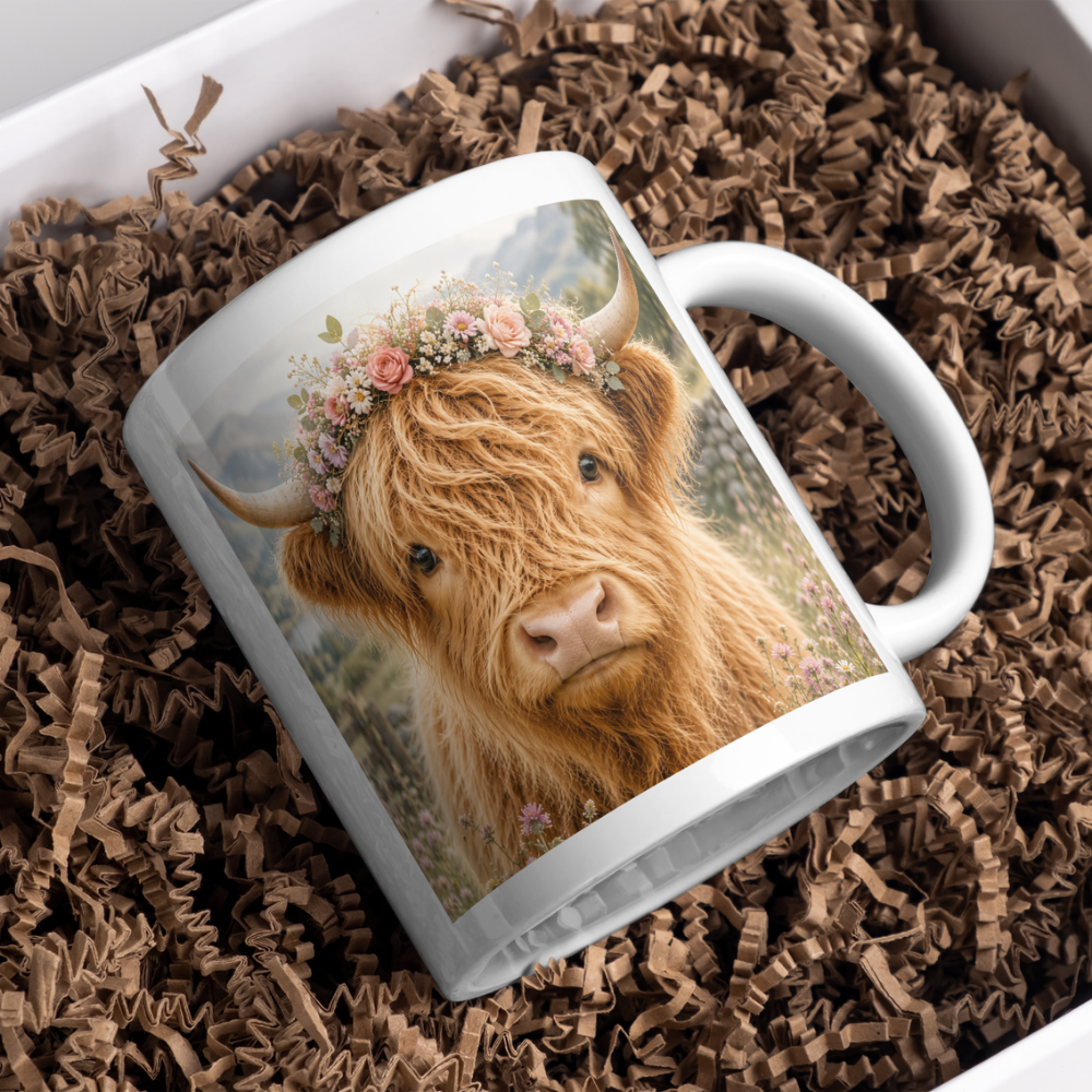 Fluffy Highland Cow Coffee Mug with Floral Crown - Cute Farmhouse Animal Ceramic Tea Cup for Rustic Kitchen Decor & Nature Lovers (M1202)