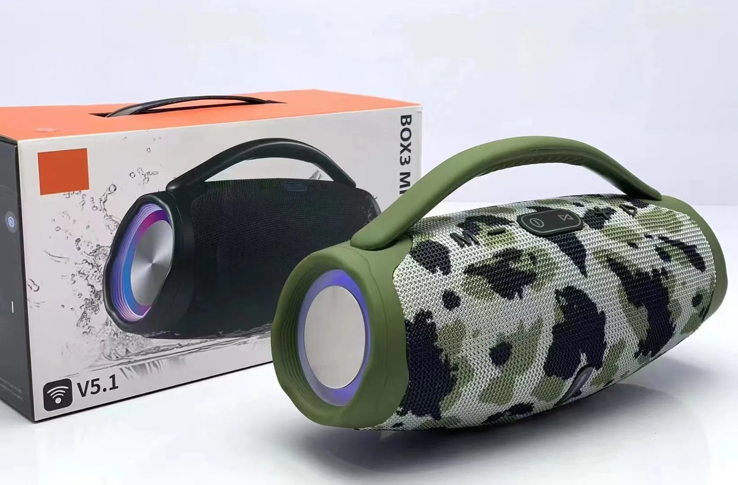 Portable Wireless Bluetooth Speaker with RGB LED Light Ring & Handle | Outdoor Splashproof Heavy Bass Boombox