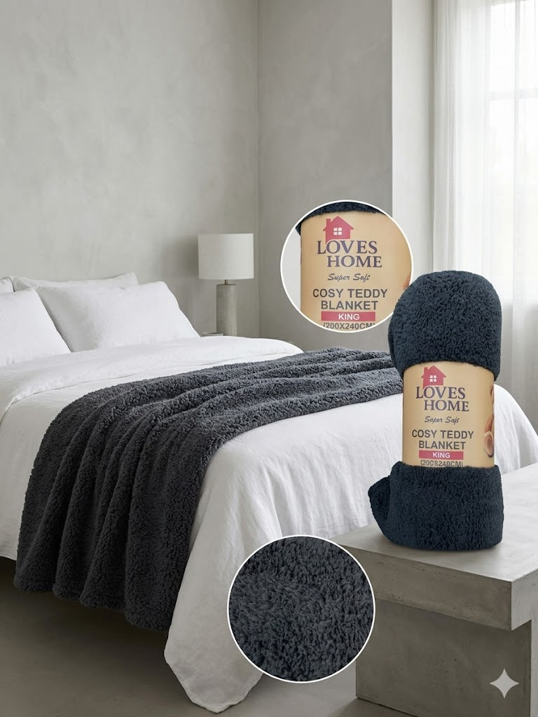 Cosy Teddy Fleece Blanket Super Soft Warm Throw King Size 200x240cm Dark Grey