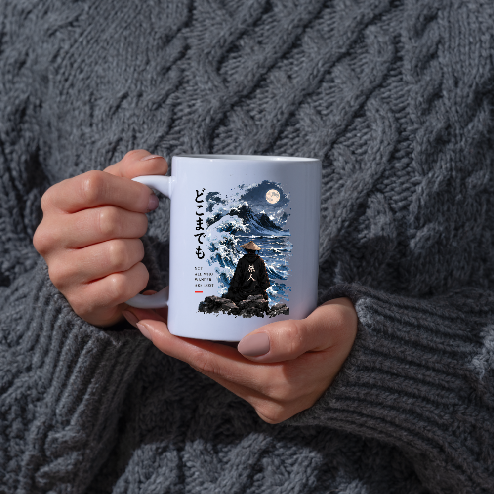 Inspirational Japanese Wanderer Mug "NOT ALL Who Wander Are Lost" Great Wave & Full Moon 325ml Ceramic Coffee Mug – Aesthetic Mindful Tea Cup With Japanese Kanji Graphic Gift | Available in Multicolours | Fast Dispatch by UK Seller (M3051)