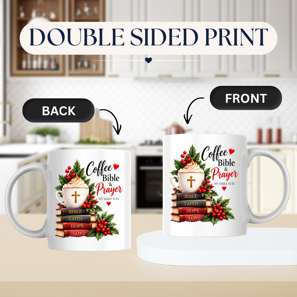 Religious Christmas Mug "Coffee Bible & Prayer" Coffee Bible & Prayer 325ml Ceramic Coffee Mug – Christian Holiday Mug with Stacked Books, Cross Cup & Holly Berries | Religious Gift | Fast Dispatch by UK Seller (M3358)