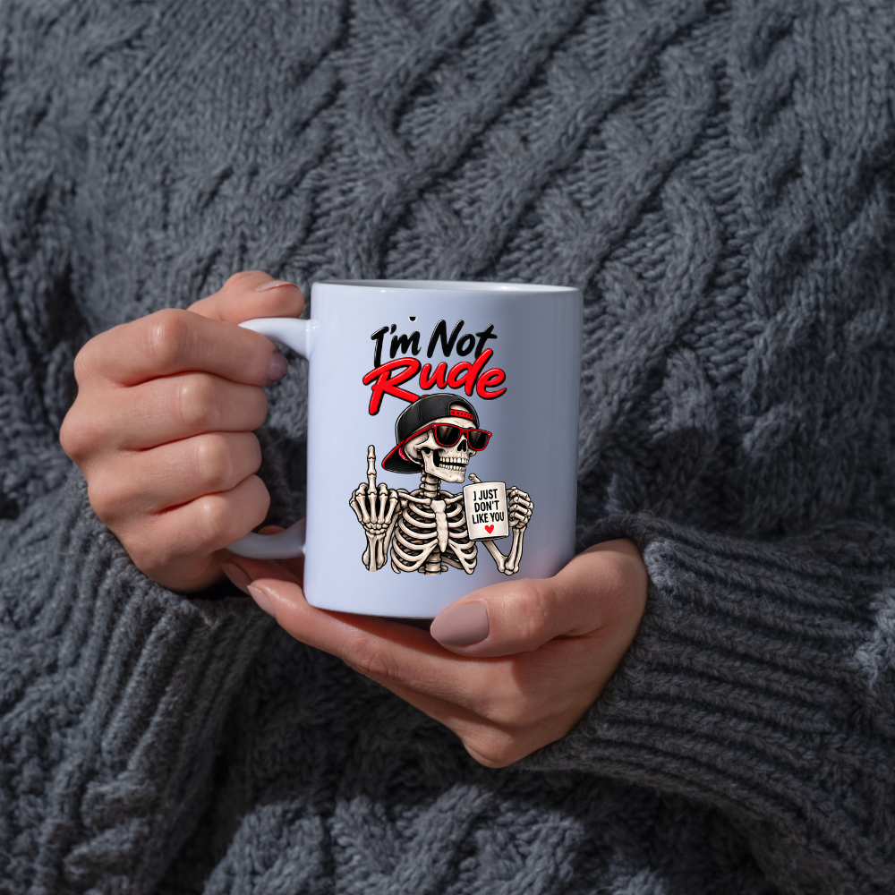 Sarcastic Mug "I'M NOT RUDE" Skeleton 325ml Ceramic Coffee Mug Novelty Skeleton Tea Cup with Sunglasses, Snapback Cap & "I JUST DON'T LIKE YOU" Mug Graphic Gift | Available in Multicolours | Fast Dispatch by UK Seller (M3091)