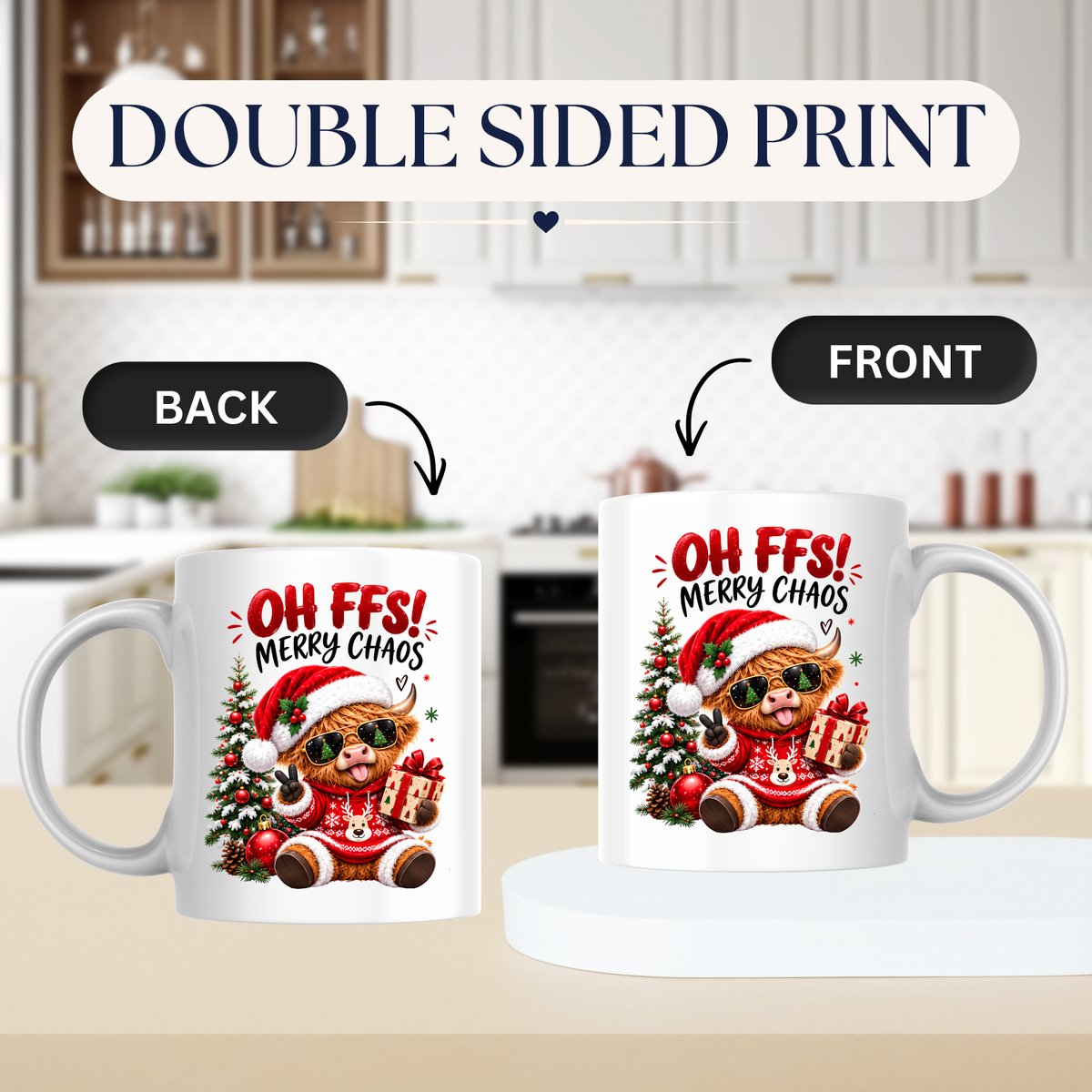 Christmas Highland Cow Mug "Oh FFS! Merry Chaos" Oh FFS! Merry Chaos 325ml Ceramic Coffee Mug – Cute Highland Cow with Santa Hat, Sunglasses, Christmas Sweater & Gift Box | Funny Holiday Gift | Fast Dispatch by UK Seller (M3366)