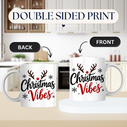 Christmas Reindeer Mug "Christmas Vibes" Christmas Vibes 325ml Ceramic Coffee Mug – Festive Typography Slogan with Brown Reindeer Antlers, Red Nose & Black Snowflakes | Winter Holiday Gift | Fast Dispatch by UK Seller (M3435)
