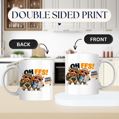 Travel Buddies Highland Cows Mug "Oh Ffs! Travel Buddies For Life!" Oh Ffs! Travel Buddies For Life! 325ml Ceramic Coffee Mug – Cute Highland Cows with Shirts, Backpacks, Camera & Adventure Map | Funny Travel Gift | Fast Dispatch by UK Seller (M3374)