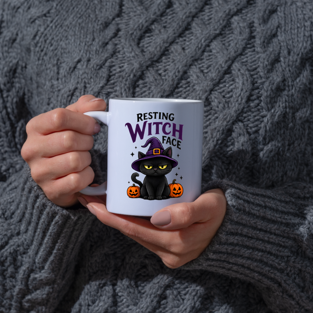 Halloween Mug "RESTING WITCH Face" Grumpy Black Cat 325ml Ceramic Coffee Mug – Sassy Witch Hat Tea Cup with Pumpkin & Sparkles Graphic Gift | Available in Multicolours | Fast Dispatch by UK Seller (M3075)