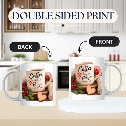 Christian Mug "Coffee Bible & Prayer My Daily Fuel" 325ml Ceramic Coffee Mug – Christian Devotional Mug With Wooden Heart Winter Pine Red Berries Inspirational Gift | Available in Multicolours | Fast Dispatch by UK Seller (M3304)