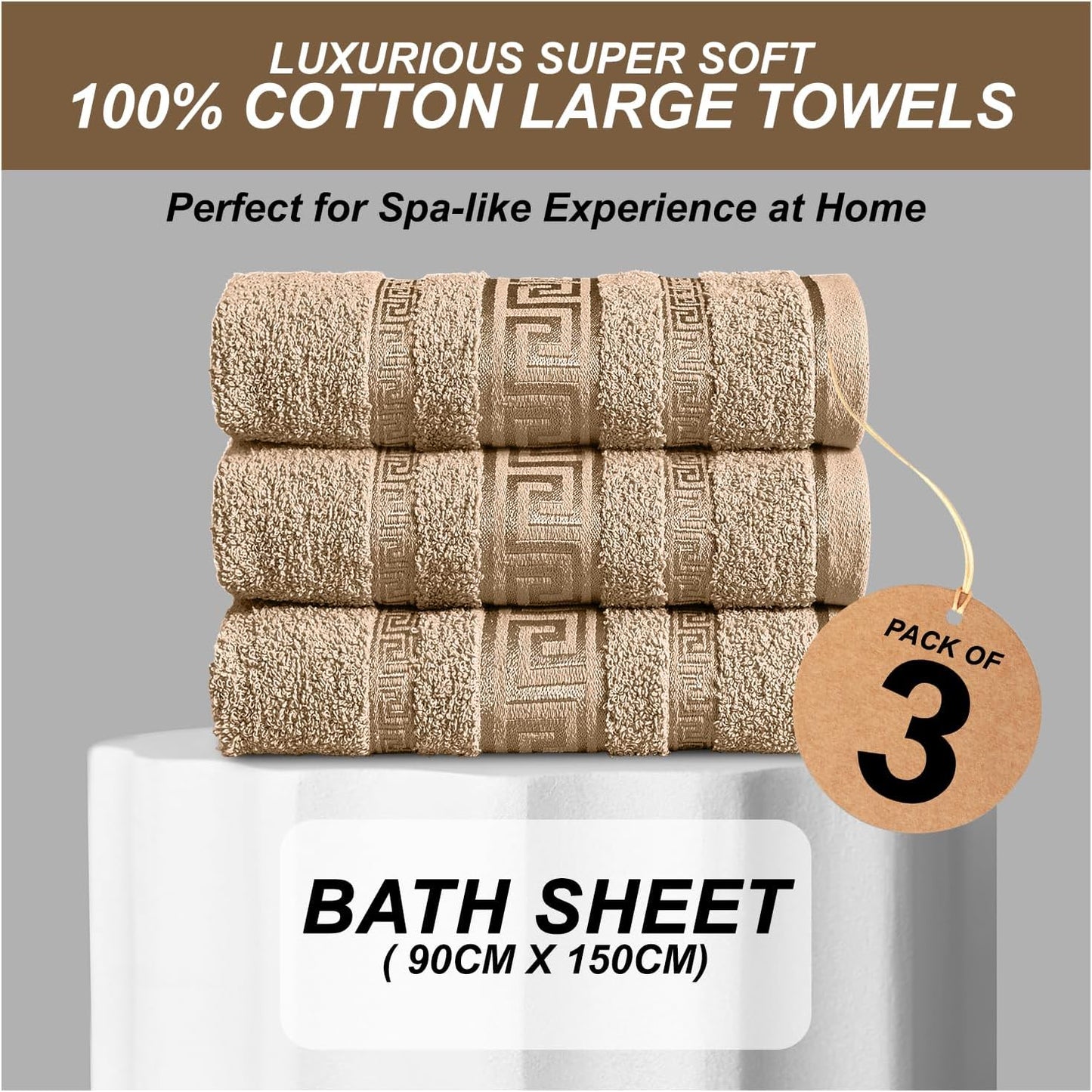Greek Bath Sheet - Pack Of 3 100% Egyptian Cotton Towels Bath Sheets - Extra Large Soft Highly Absorbent Quick Dry Towel (90x150 cm) - 550 GSM Towels For Bathroom