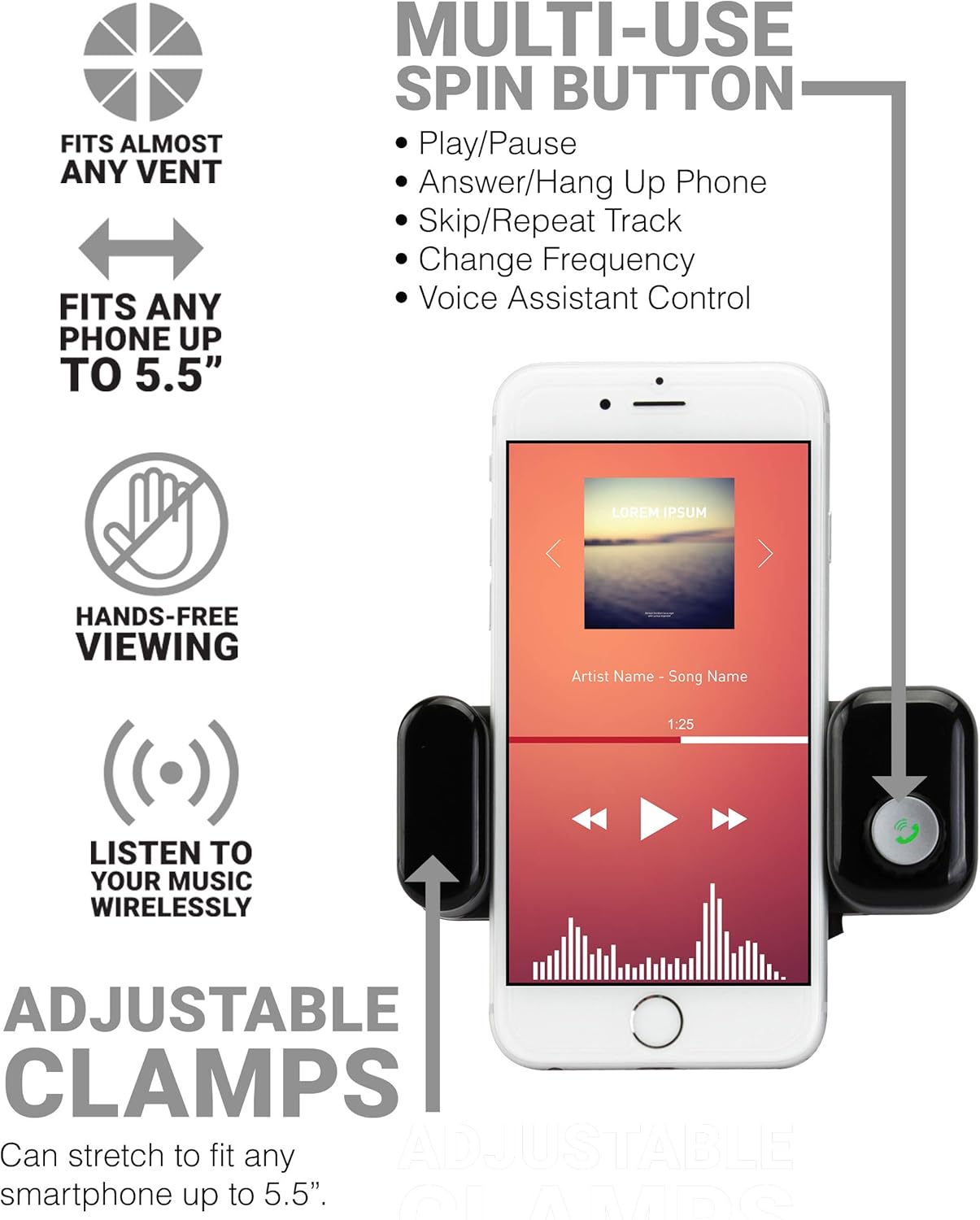 Bluetooth FM Transmitter Vent Car Mount for Smartphone, Bluetooth Car Adapter Radio Transmitter