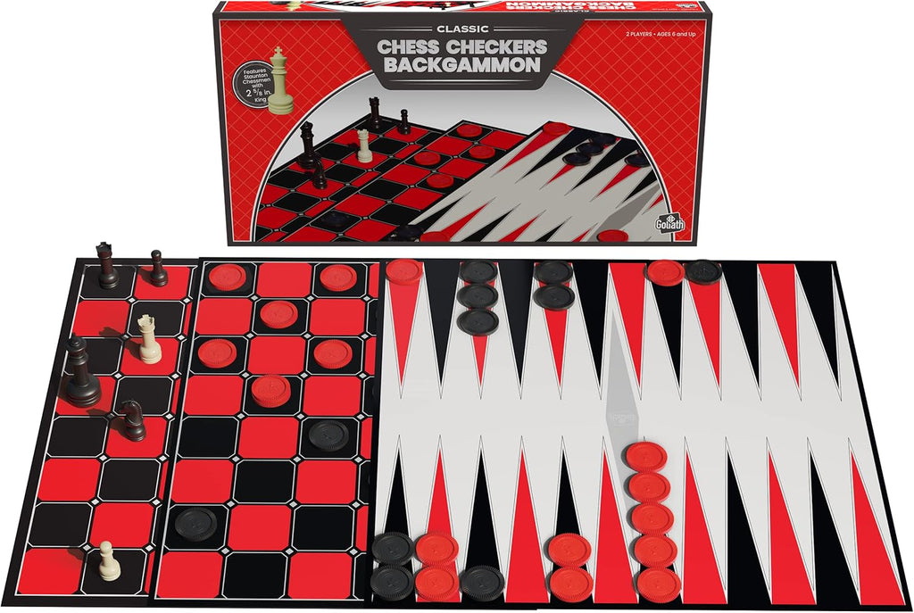 Goliath Games: Classic Chess, Checkers & Backgammon Triple Pack | Traditional Board Games for Kids and Adults | For 2 Players Ages 6+