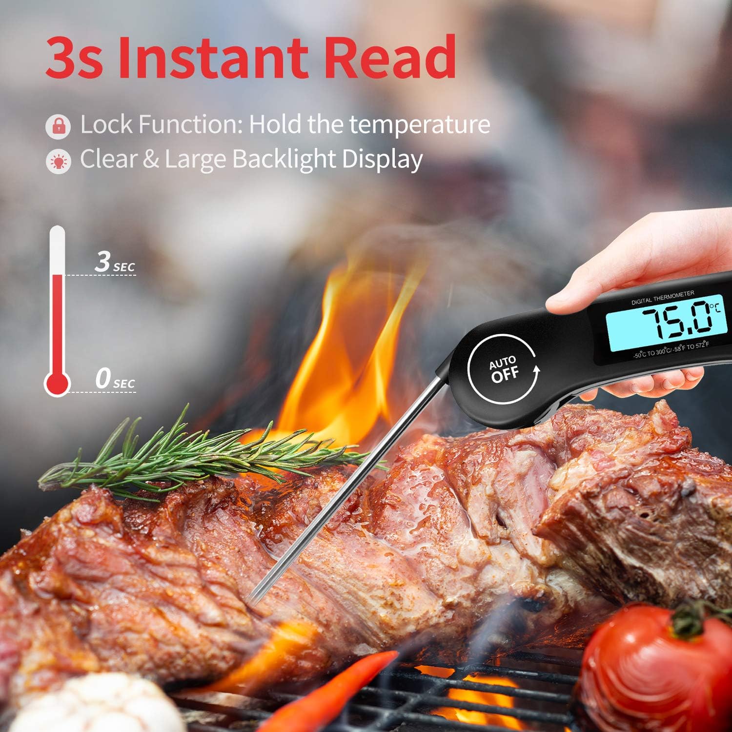 Meat Thermometer, 3s Instant Read Food Thermometer-Backlit LCD, Foldable Probe, Auto On/Off, ±1℃ Accuracy, Food Probe for BBQ Grill, Kitchen Cooking, Milk, Black